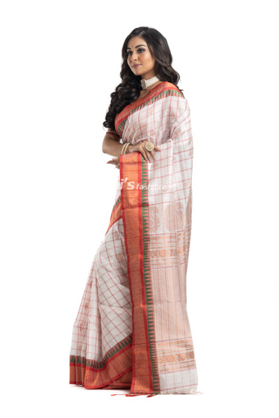Semi Gadwal Silk Saree With All Over Checks And Golden Butta Weaving Work - Also Has Contrast Color Golden Zari Weaving Border And Thread Weaving Temple Work (KR2219)